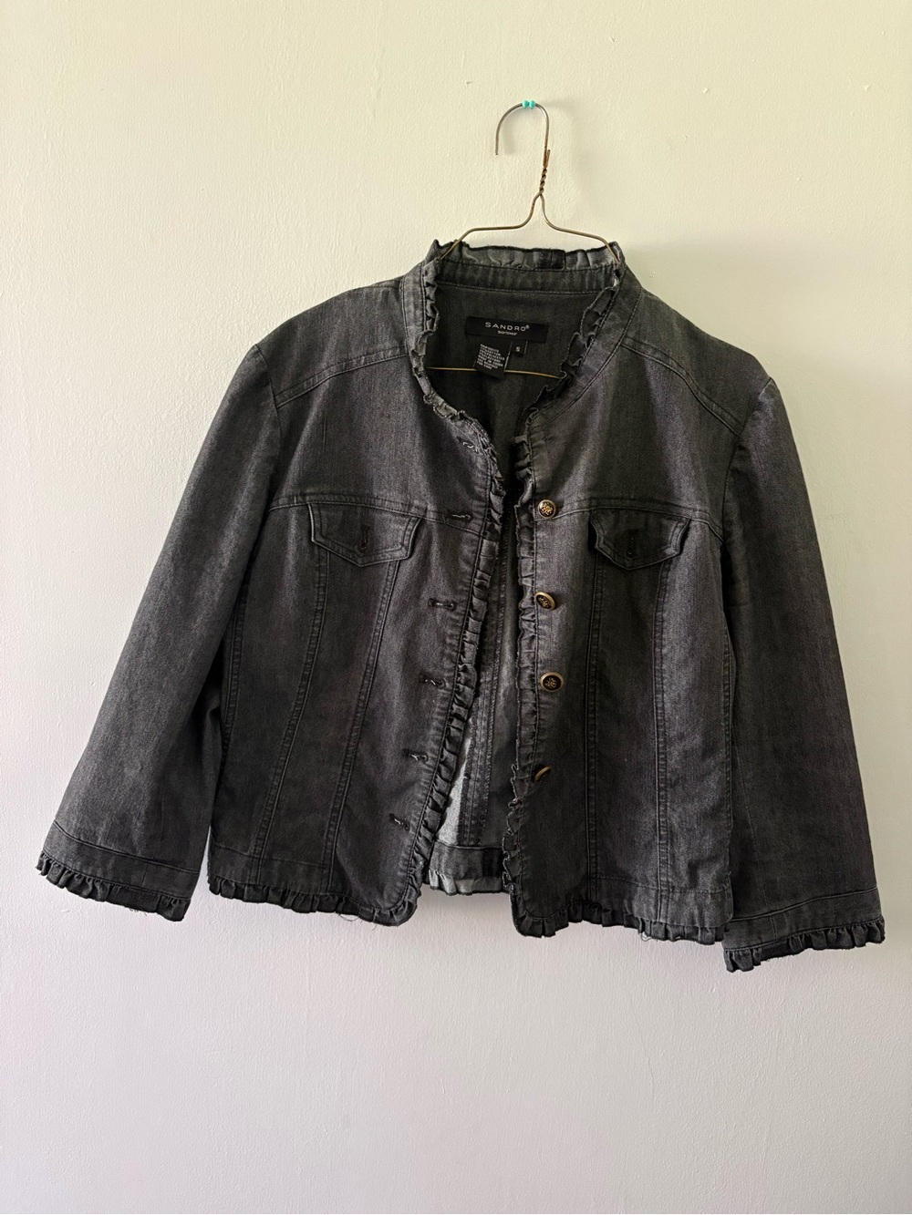 Sandro Charcoal Ruffle-Trim Denim Jacket